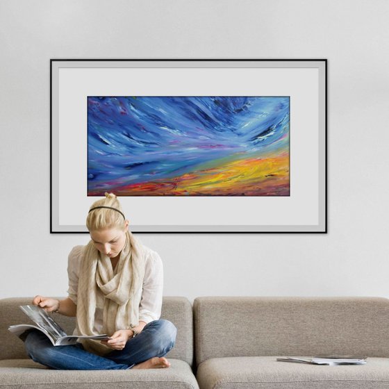 The dragonfly flew slowly - 120x60 cm, Original abstract painting, oil on canvas