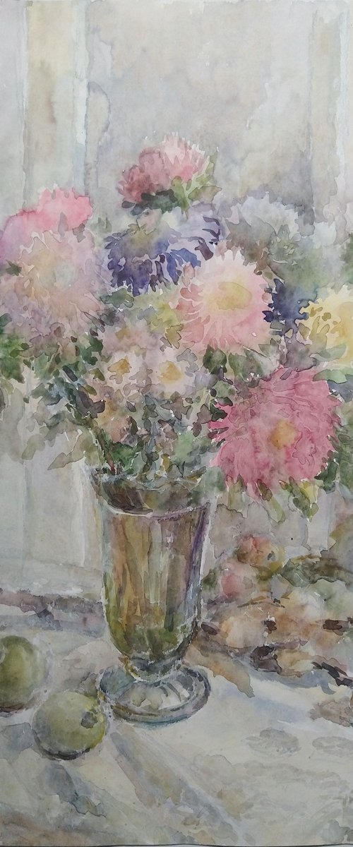 Asters in vase. Original watercolour painting. by Elena Klyan