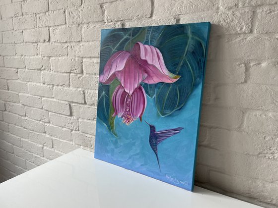 Flower and hummingbird. Oil painting, original art