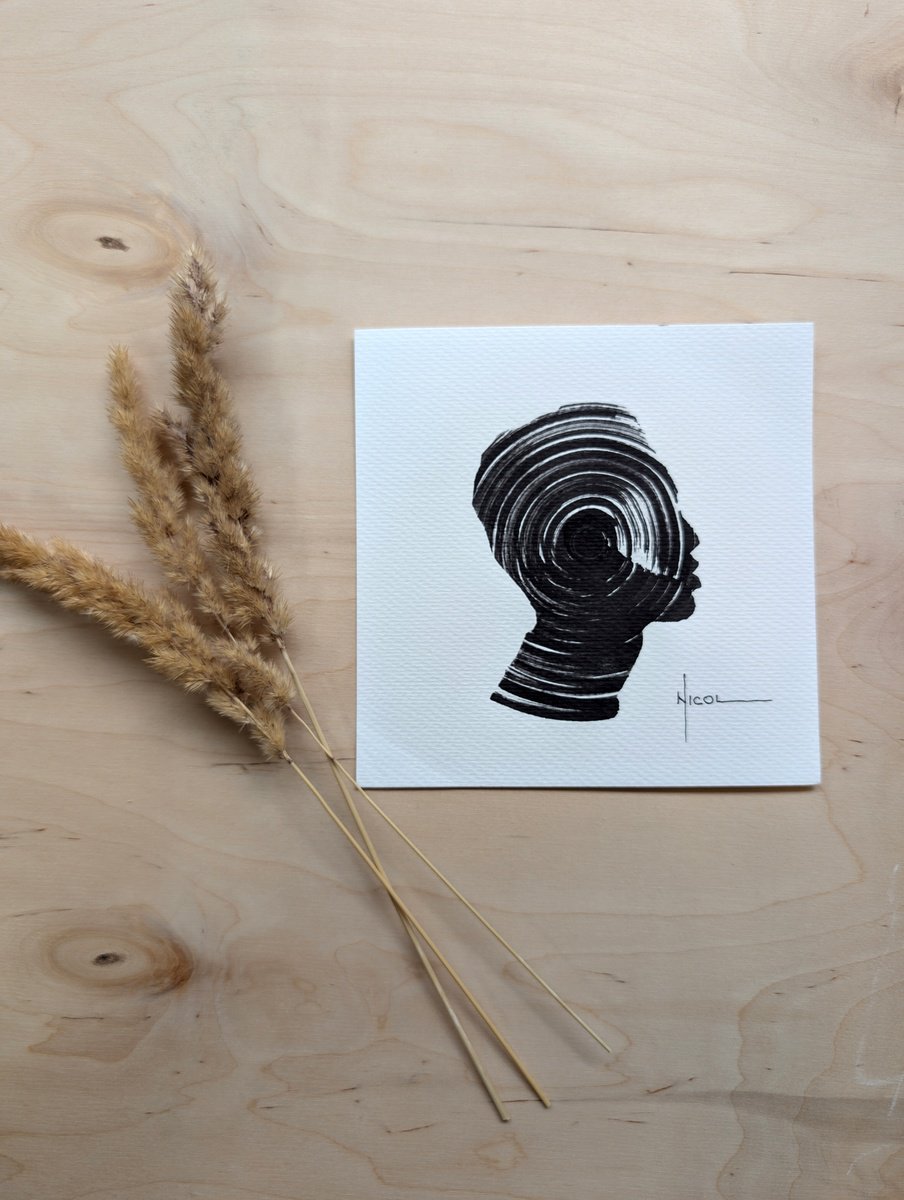 Expressive Portrait Ink Drawing By Nicol Vacaru, 6 X 6", The Sound Of Thought, Original Artwork