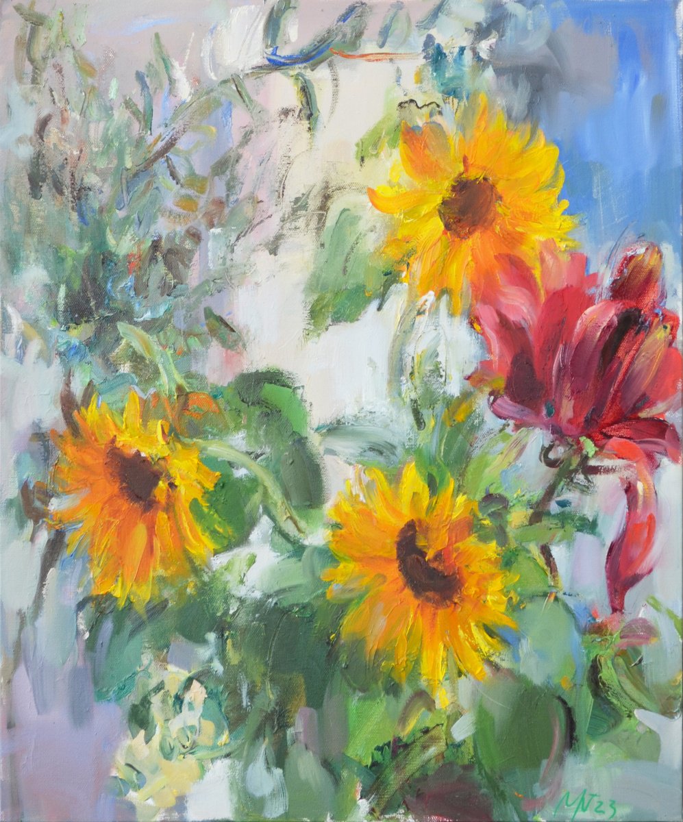 Impressionistic Still Life Oil Painting By Nelina Trubach-Moshnikova, 20 X 24", Sunflowers And Lily, Original Artwork