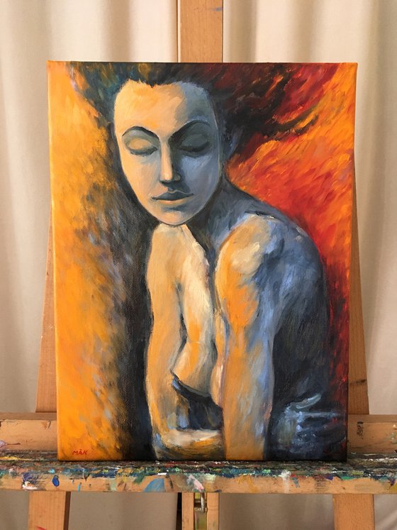 BREATHING - nude woman oil painting fire water red indigo gift for him present idea