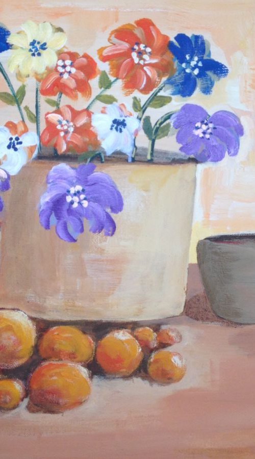 5 pots flowers and fruit by Les  Powderhill