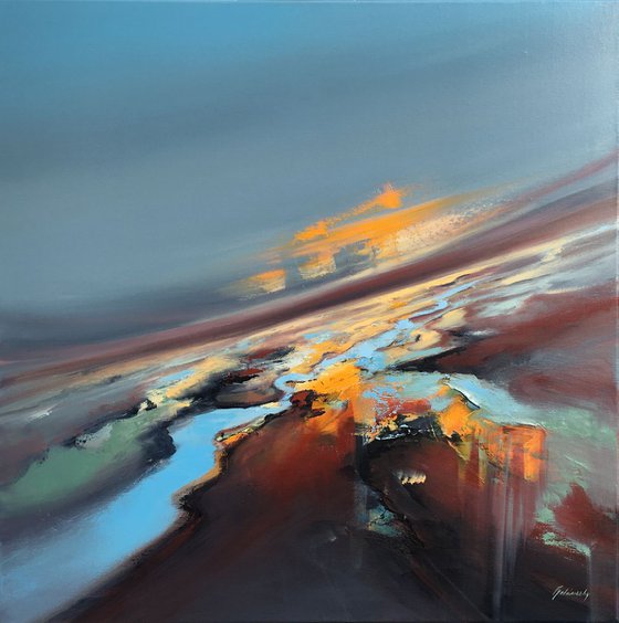 River of Dreams - 80 x 80 cm abstract landscape oil painting in blue and orange