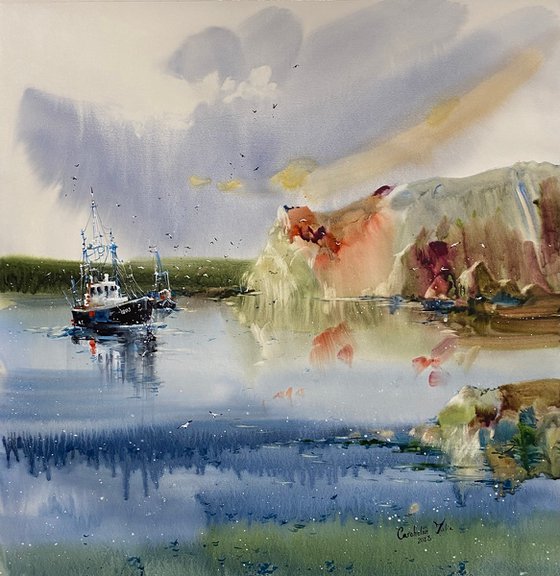 Watercolor "Old fishing boat” gift For Him