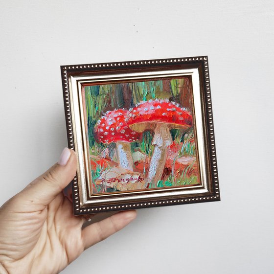 Fly agaric artwork Mushroom painting original oil small framed art, Mushroom gift cute little painting - Best friend forever
