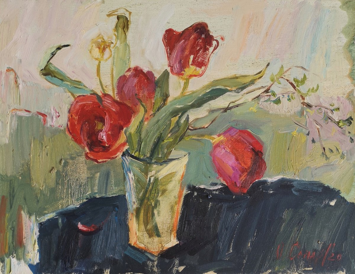 Expressive Still Life Oil Painting By Olga Samar, 18 X 14", A Little Yellow Tulip, Original Artwork