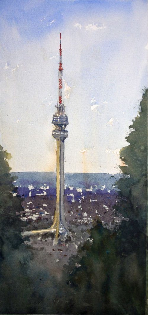 Avala tower Belgrade - original watercolor art by Nenad Kojić watercolorist