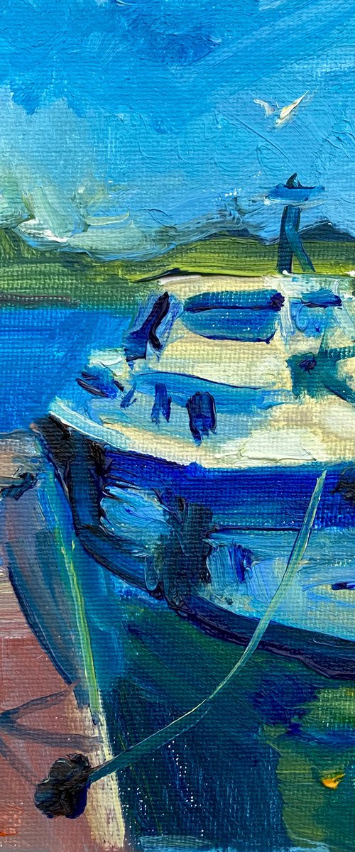 Boat at Marina - original oil painting by Natalia Miasnikova