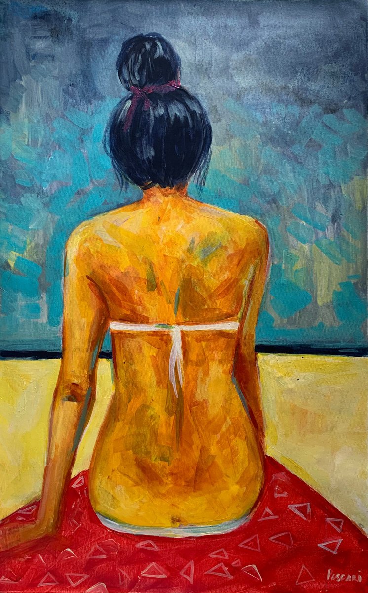 Impressionistic Portrait Acrylic Painting By Olga Pascari, 19 X 31", On The Beach, Original Artwork