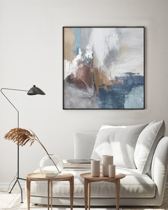 "Blue Wave" Abstract blue gray silver art