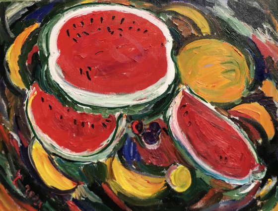 STILL LIFE WITH WATERMELON AND MELON - Still- life with fruits, kitchen restaurant dining room, Christmas gift