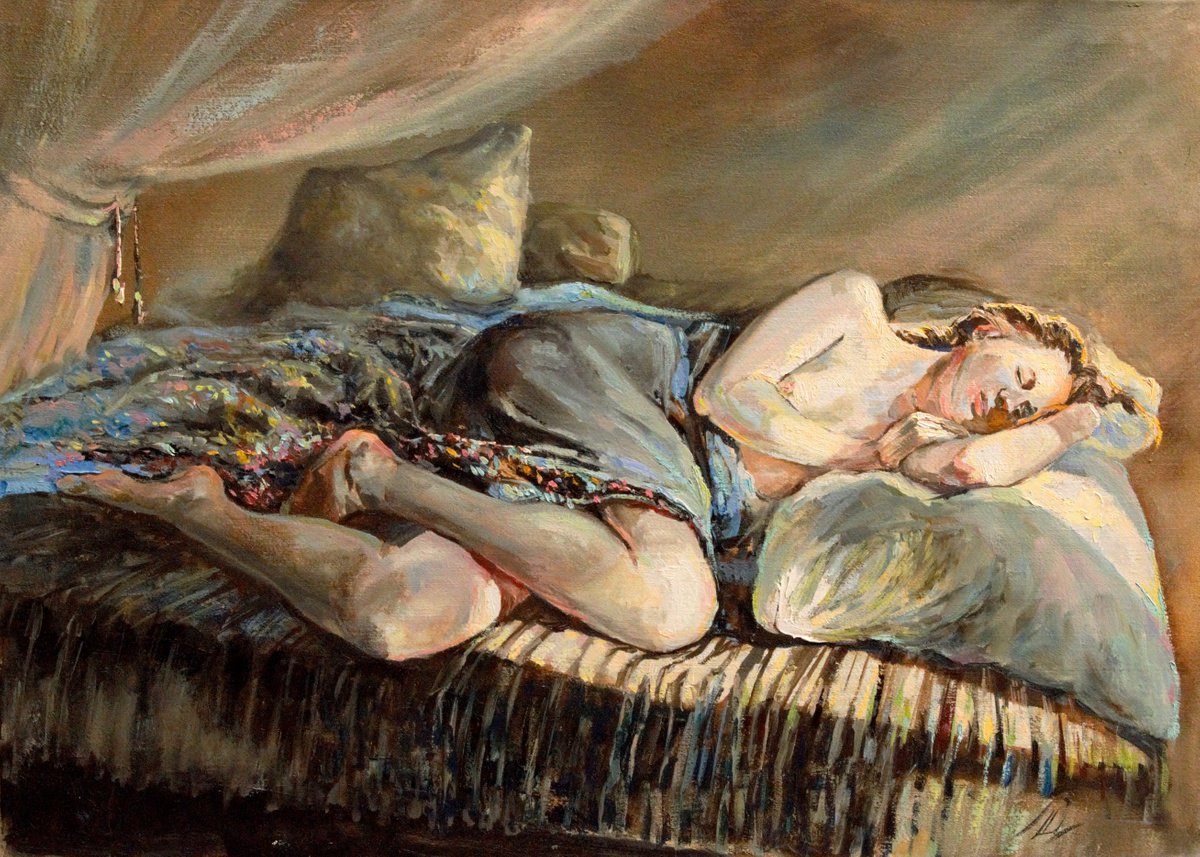 Nude sleeping lady. Oil painting by Dmitry Revyakin