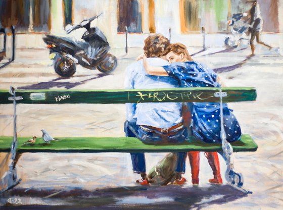 City of love? Parisians series. City scene with a couple in Montmartre. Original oil painting. Love
