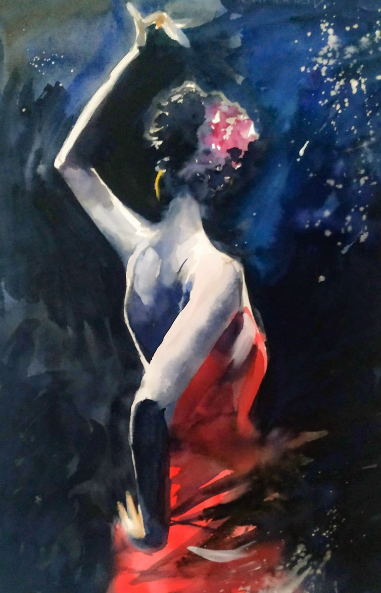 Impressionistic Portrait Watercolour By Flavio Furlan, 19 X 27, Gitana, Original Artwork