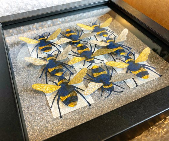 Making a Bee Line (Blue & Mustard on grey & silver glitter)