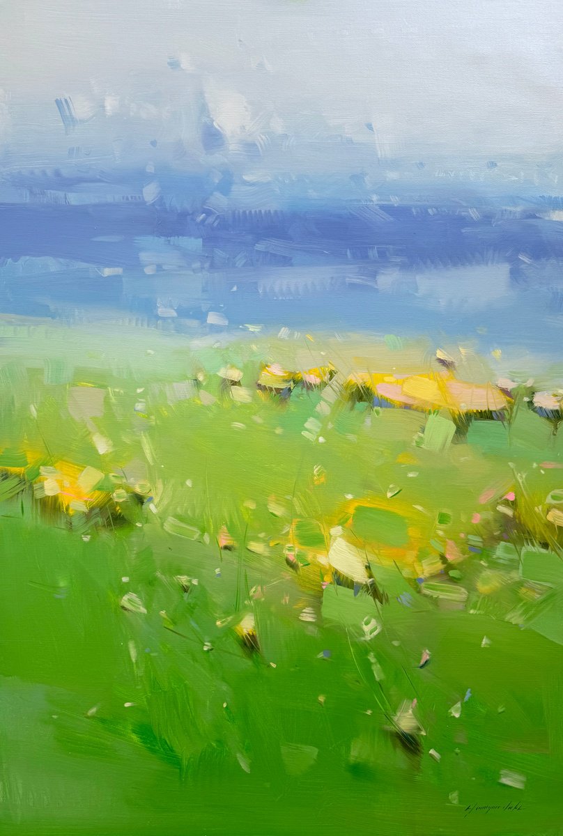 Impressionistic Landscape Oil Painting By Vahe Yeremyan, 30 X 45", Green Valley, Original Artwork