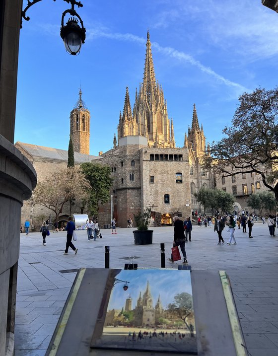 View of the square and the cathedral in Barcelona