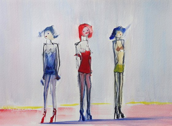 GIRLS EUROPEAN TEEN FASHION HIGH HEEL MODELS. Original Female Figurative Watercolour Painting.