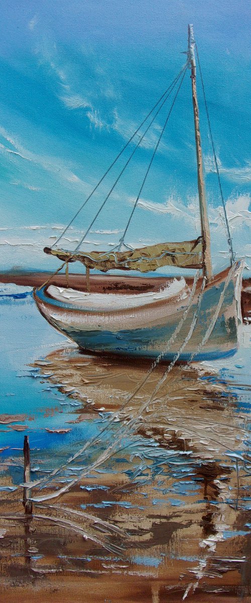 " SEASHORE ... " SHIP BOAT SAIL original painting palette knife GIFT MODERN URBAN ART OFFICE ART DECOR HOME DECOR GIFT IDEA by Monika Luniak