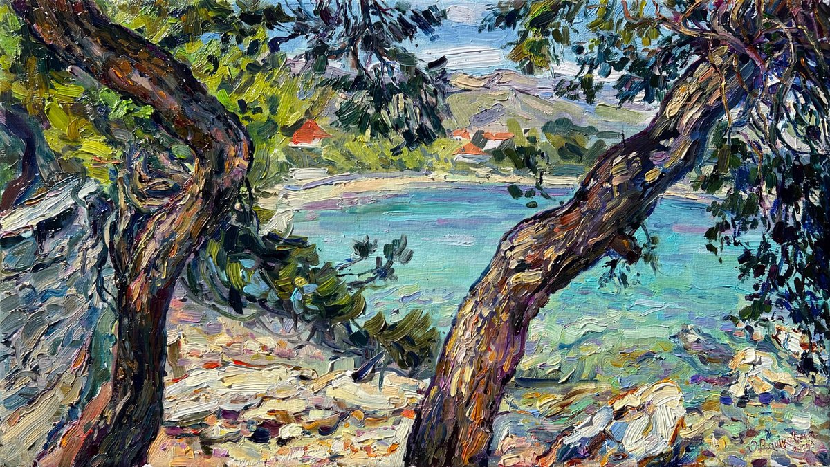 Impressionistic Landscape Oil Painting By Olha Dashkevych, 22 X 12", - Above Among The Pine Trees - ?, Original Artwork