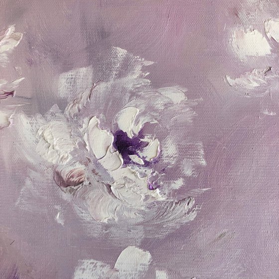 FOG IN THE GARDEN - White peonies. Abstract flowers. Shining peonies. Lilac tones. Haze. Dream. Garden.