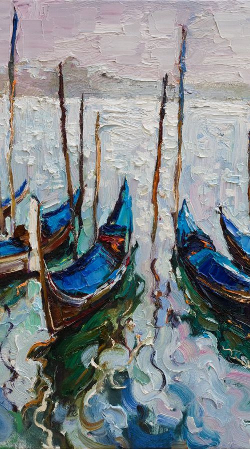 Venice Gondolas at Sunrise Original oil painting by Anastasiia Valiulina