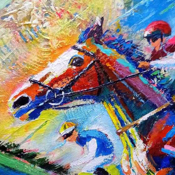 Expressive Horse Racing Artwork, Dynamic Vibrant Acrylic Painting, Impressionist Style