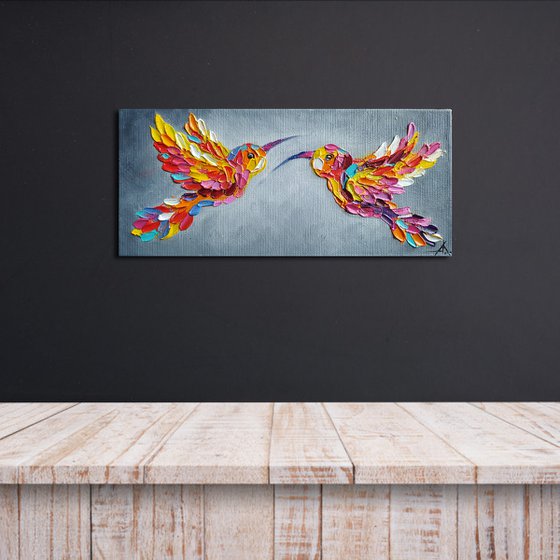 Hummingbirds in love - birds, love, animals oil painting, art bird, impressionism, palette knife, gift.