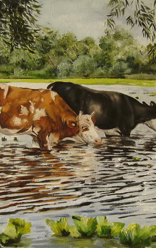 Cow Watering, Farm Life Scene by Natalia Shaykina