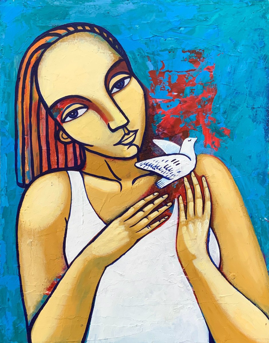 Naive Portrait Acrylic Painting By Elena Tomilova, 12 X 16, My Bird, Original Artwork