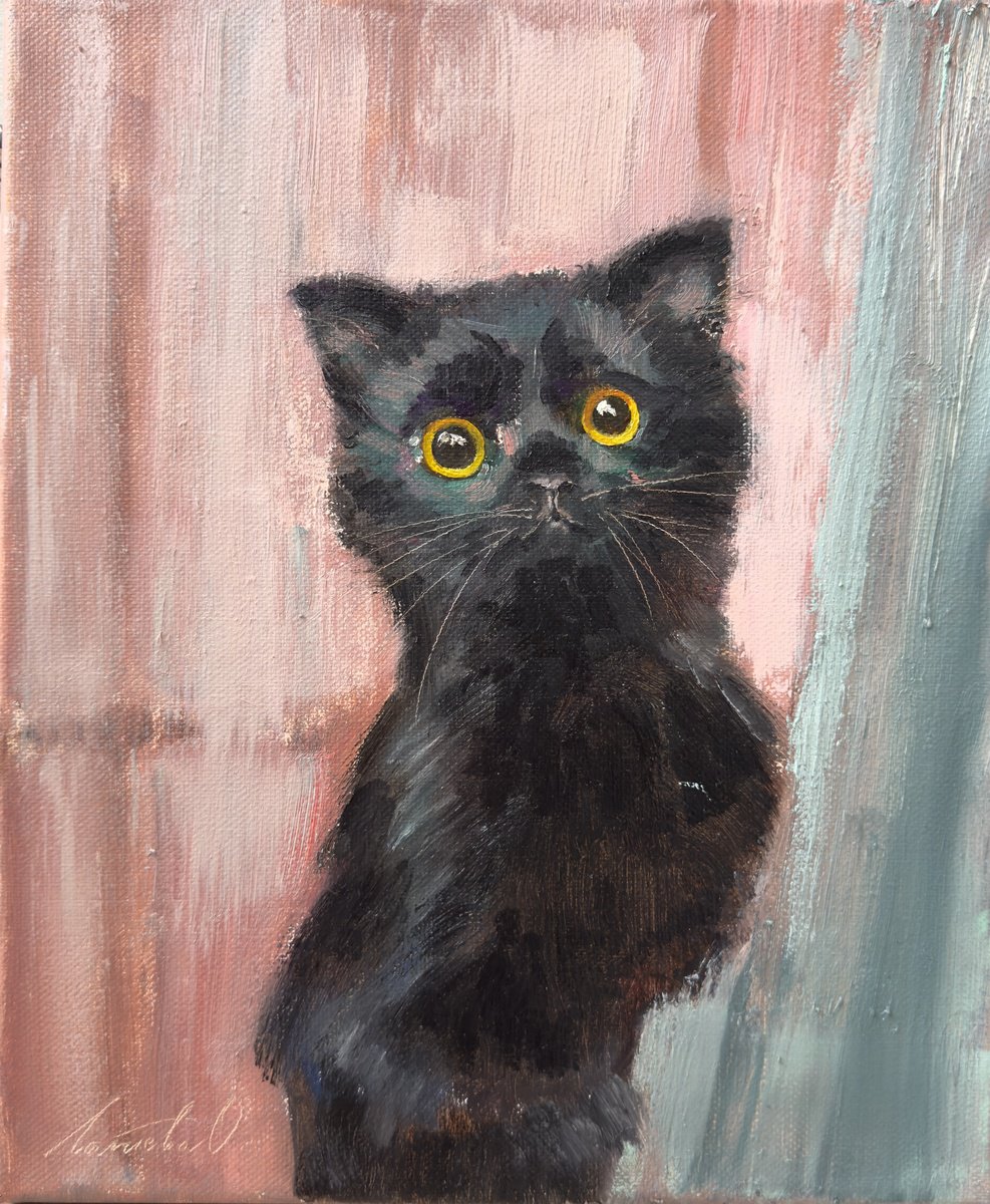 Impressionistic Animal Oil Painting By Olha Laptieva, 10 X 12", Little Black Cat, Original Artwork