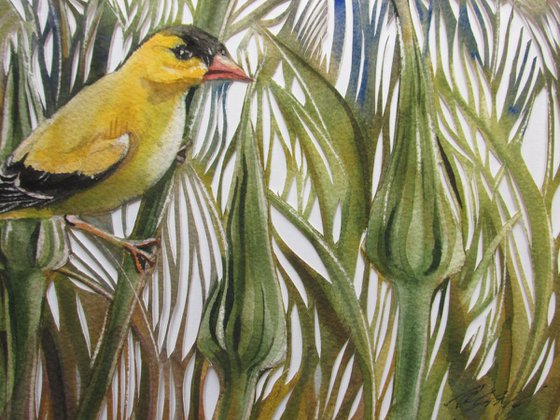 Golden finch watercolor with paper cut