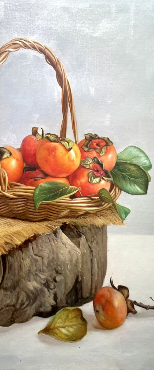 Still life:persimmons in basket c189 by Kunlong Wang