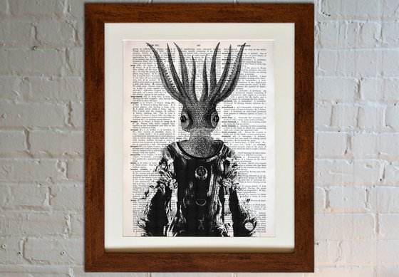 Ancient Astronaut - Collage Art Print on Large Real English Dictionary Vintage Book Page