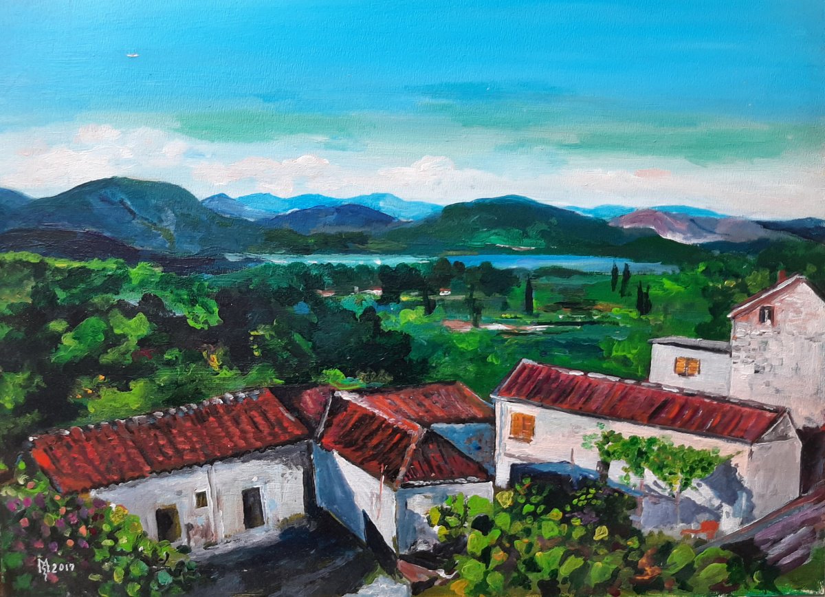 Impressionistic Landscape Acrylic Painting By Zoran Mihajlovic Muza, 16 X 11", Old Village, Original Artwork