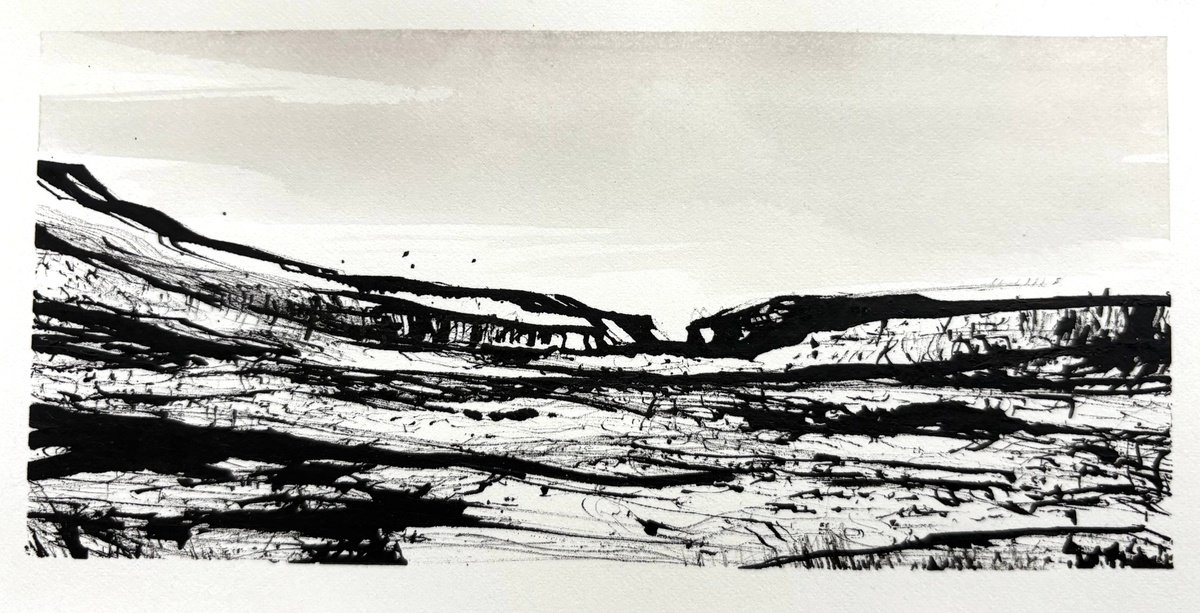 Expressive Landscape Ink Drawing By Steve Potts, 7 X 4", Iceland Landscape 4, Original Artwork