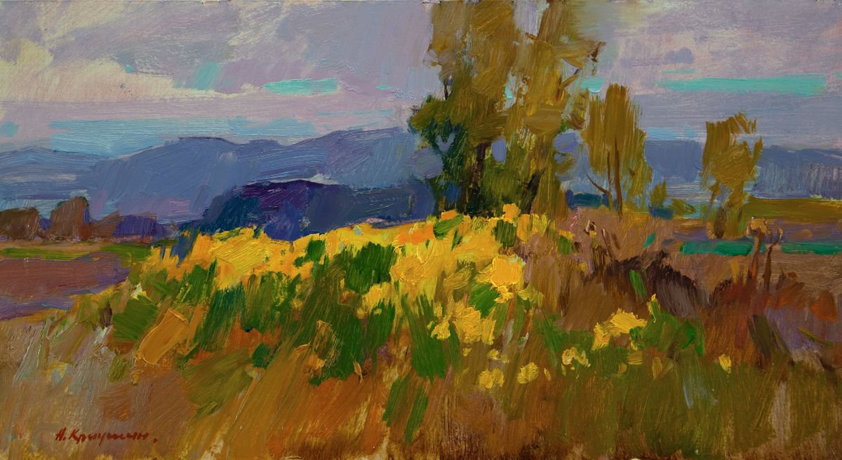 Impressionistic Landscape Oil Painting By Aleksandr Kryushyn, 21 X 12, Topinambur Flowers. Evening In The Foothills, Artfinder