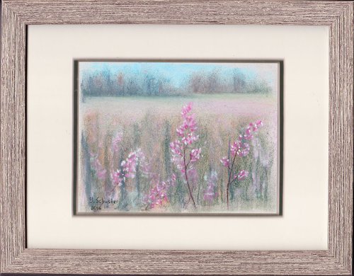 Wildflowers. Framed small pastel painting on gray paper. by Yulia Schuster