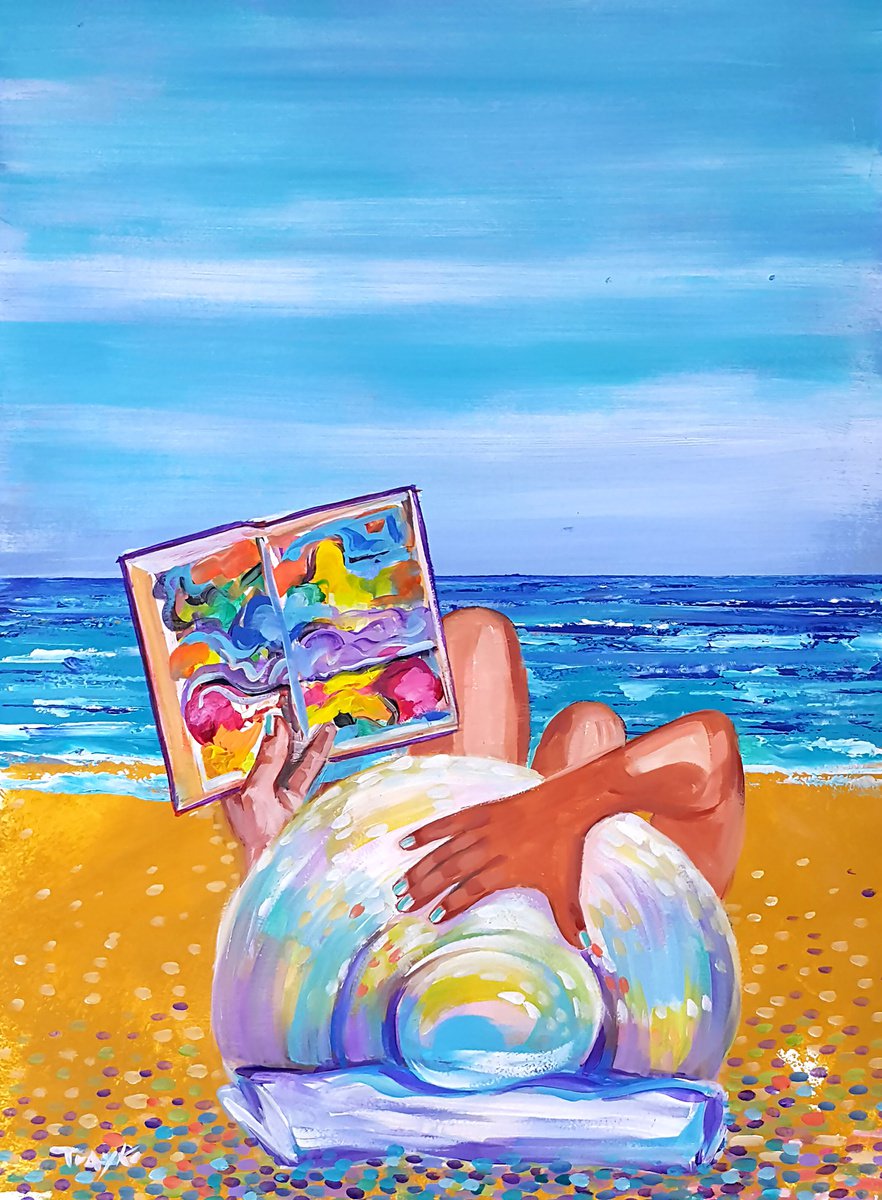Acrylic Painting , Reading At The Beach By Trayko Popov, 22 X 30, Artwork For Sale On Artfinder
