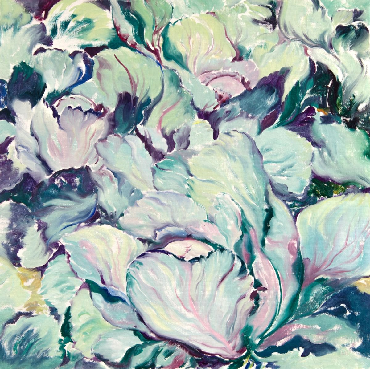 Impressionistic Botanical Oil Painting By Daria Galinski, 14 X 14, The Cabbage Field, Original Artwork