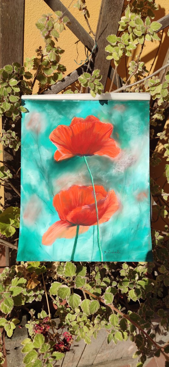 Poppy painting poppy drawing soft pastel on paper original floral painting poppy field dra... by Francesca Licchelli
