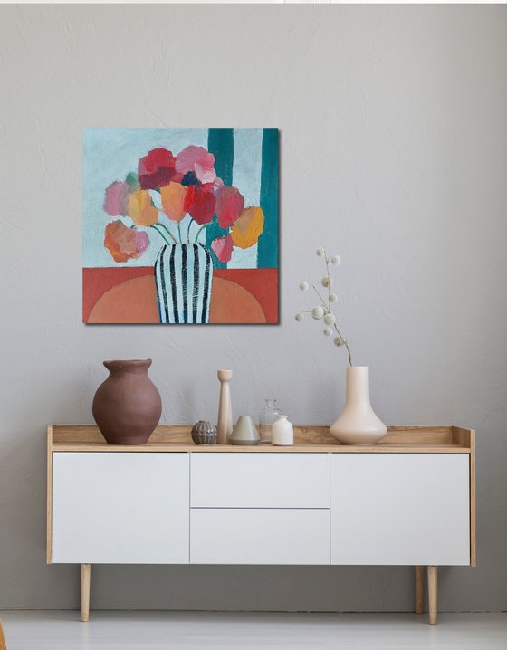Flowers in a Striped Vase