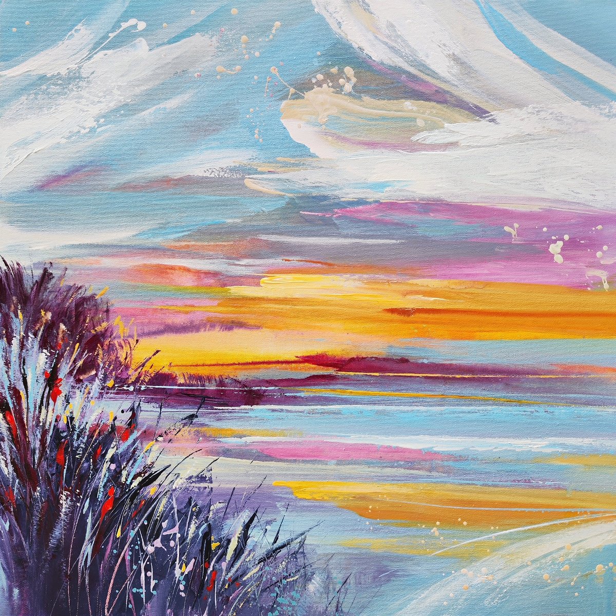 Expressive Landscape Acrylic Painting By Anna Cher, 24 X 24, Ripples Of Twilight, Original Artwork