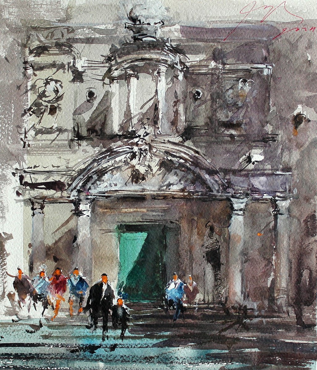 Impressionistic Cityscapes Watercolour By Maximo Damico, 10 X 13", Treasury In Petra, Original Artwork