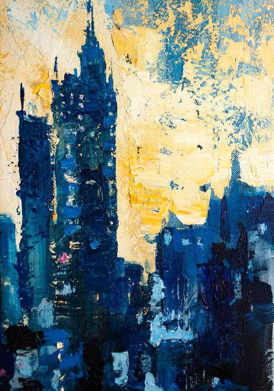 "Sunny rain" abstract painting , evening city