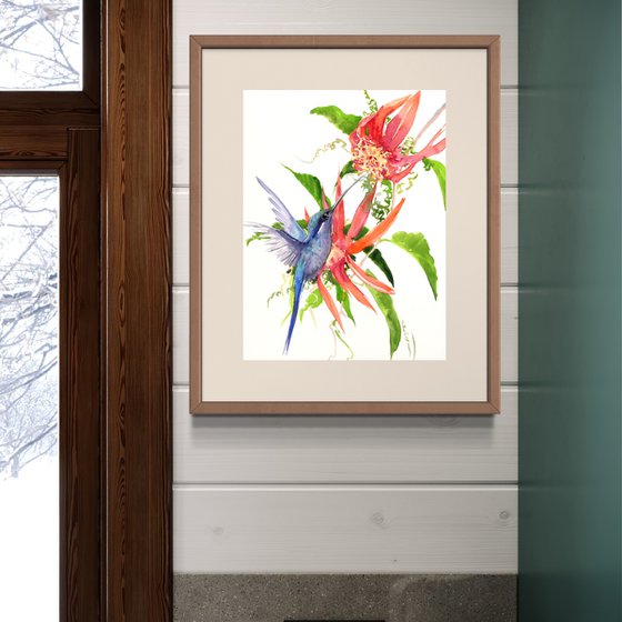 Hummingbird and Red Flowers