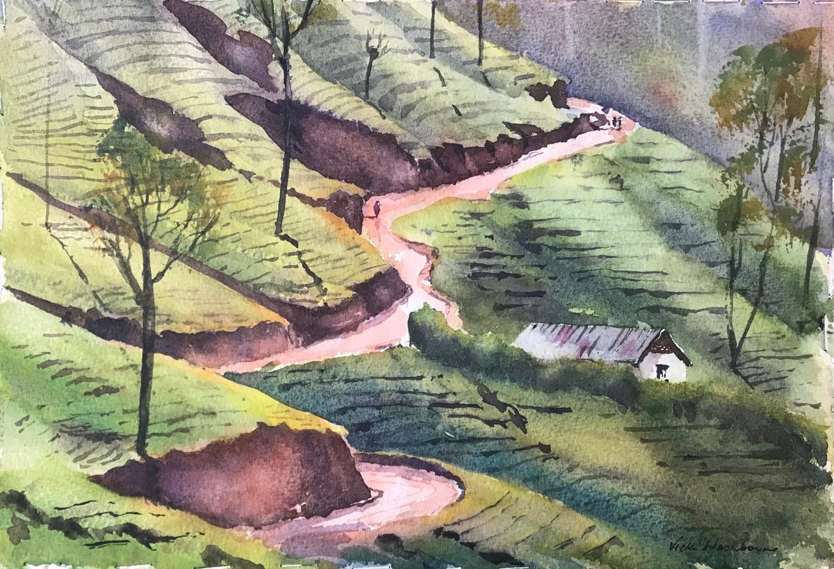 Impressionistic Landscape Watercolour By Vicki Washbourne, 11 X 8", Sri Lanka Tea Plantation, Original Artwork