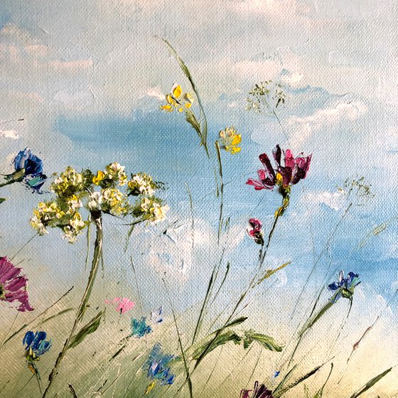 MOTLEY GRASS - Summer. Blooming meadow. Wildflowers. Landscape. Clouds. Wind. Sky. Daisies. Cornflowers.