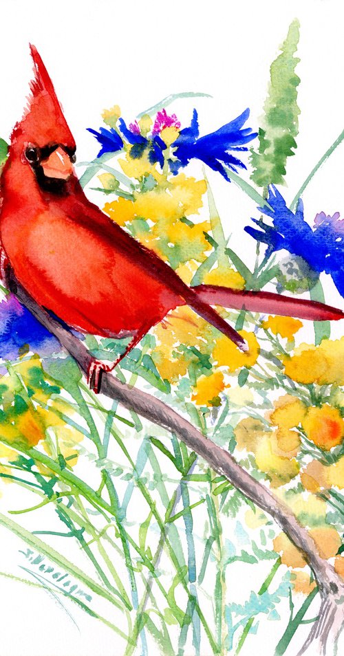 cardinal bird and wildflowers by Suren Nersisyan